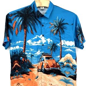 Hardaddy Button Up Shirt Men XL Blue Tropical Beach Beetle Car Short Sleeve